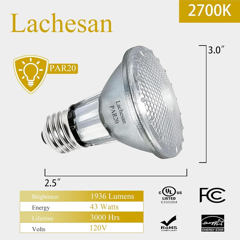 Lachesan مصابيح الفيض PAR20 50W 120V، 6 قطع مصباح ضوء هود PAR20 مع قاعدة E26 قابلة للتعتيم، دافئ أبيض 2800K، تدوم طويلاً للإضاءة الداخلية، هود الطهي، مدمج - Image 3